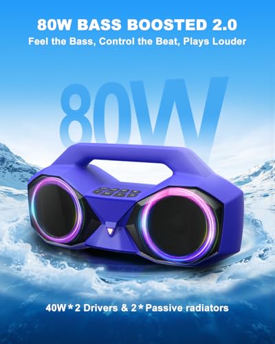 OZJ Bluetooth Speaker 80W(Peak) Loud with Bass, 20H Playtime, IPX7 Waterproof, RGB Lights, TWS, Large Portable Wireless Speakers for Outdoor, Home, Party, Pool, Beach, Tailgating, Gym, Work (Purple)