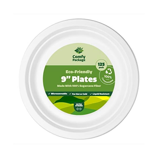 Comfy Package 100% Compostable 9 Inch Heavy-Duty Plates [125 Pack] Eco-Friendly Disposable Sugarcane Paper Plates