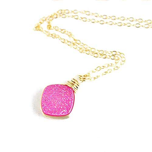 Hot Pink Druzy Gold Pendant Necklace 18" Length Handmade