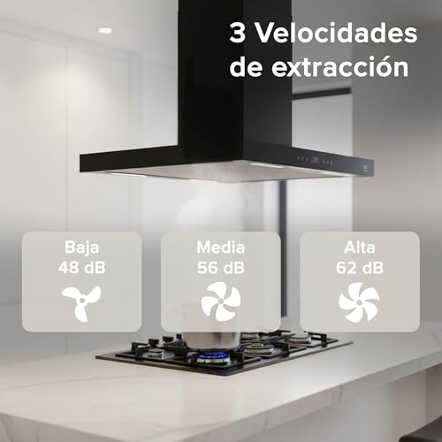 AVERA Campana para cocina de Isla 90 cm Tipo T, Acero Inoxidable, 3 Velocidades, Filtros metálico lavable y Filtro de carbón activado, Extrae y purifica, Control por botones | CEN90B