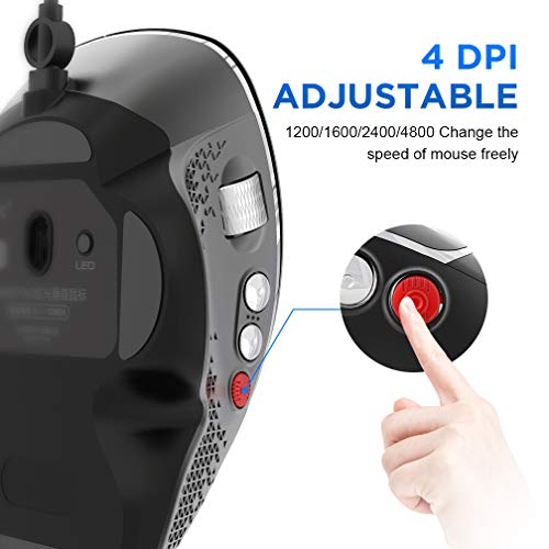 INPHIC Ratón Gaming con Cable, Desplazamiento Lateral y diseño ergonómico Vertical, Ratones para Juegos de computadora USB óptico programable, 1200-4800 dpi Ajustable, retroiluminación 7 RGB, Negro