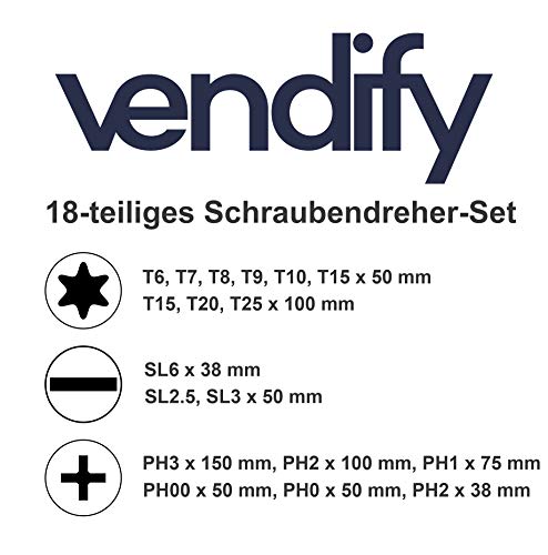 vendify® Schraubendreher Set Torx 18-teilig Magnetisch inkl. Wandhalterung Kreuzschlitz, Schlitz, Torx, Phillips… – Bild 3