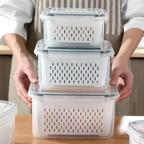 Kit 3 Potes Organizadores de Geladeira Hermético com Trava nas Tampas Borracha Isolante e Cesto de Escorrer Removível - Organizador de Frutas Legumes Saladas - Sem BPA - Qualidade Premium - Shop100