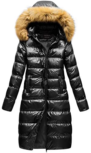 CREATMO US Women's Ladies Metallic Shiny Jacket With Detachable Fur Collar Warmth Winter Outerwear Black XL at Amazon