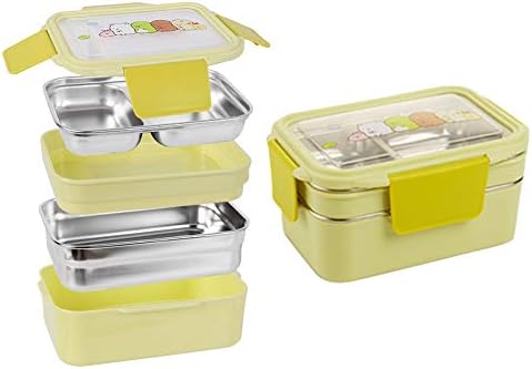 URMOSTIN Two Tier 3 Compartments Kids Bento Box Food Container Leakproof Food Grade Stainless Steel Insulated Lunch Box, Portable Picnic Office School Food Storage