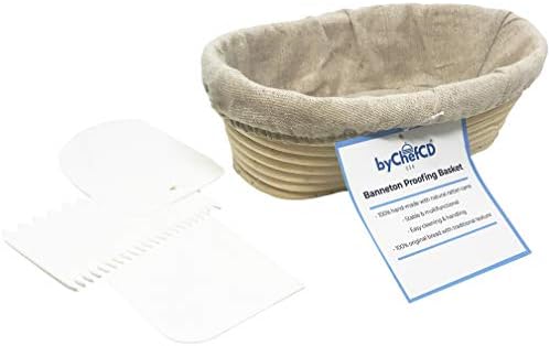 10 Inch Oval Bread Basket Proofing Set- Banneton Bread Proofing Basket + Cloth Liner + Bowl Scraper + Smoother + Decoration Comb for Home Bakers and Professionals- Great for Sourdough Starter ByChefCD