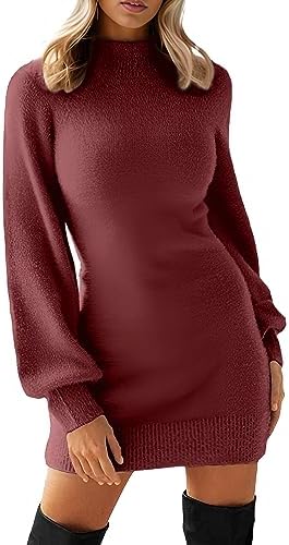 amazon ladies jumper dresses GRECERELLE Womens Dress Winter Mock Neck Long Sleeve Bodycon Knit Pullover Jumpers Mini Sweater Dresses, 02 Wine Red, L price in UAE | UAE jumper dress