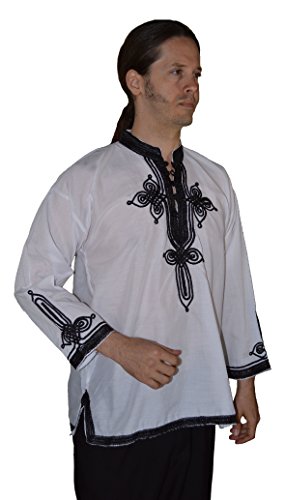 Marrakesh Men Tunic Caftan With White Tread Embroidery Breathable X-large White&Black - Image 4