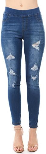 Trinity Jeans Women's Distressed/Ripped/Cut Pull On Stretch Skinny Denim Jeggings (Medium, LT Blue_DIS2)