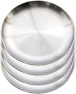 4 platos redondos de acero inoxidable para barbacoa, molde para tartas, plato ovalado para carne, placa de arroz, bandeja para servir, retro mate