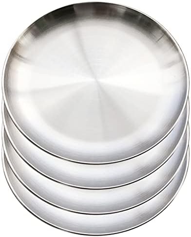 4 platos redondos de acero inoxidable para barbacoa, molde para tartas, plato ovalado para carne, placa de arroz, bandeja para servir, retro mate
