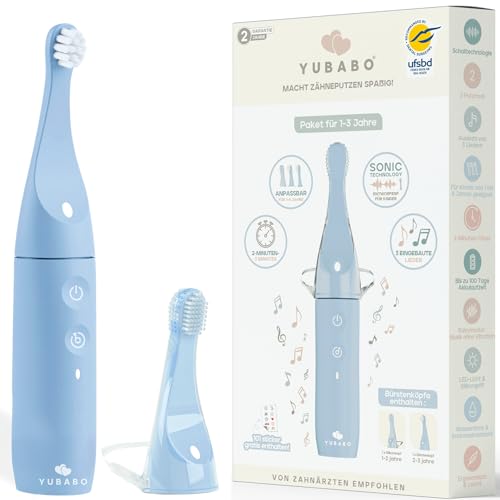YUBABO – Elektrische Kinderzahnbürste mit Musik und Baby-Modus – 2 Schallmodi – 100 Tage Akkulaufzeit – 2-Minuten-Timer – 101 Aufkleber – Von Zahnärzten empfohlen – 1 bis 3 Jahre – Blau thumbnail 1