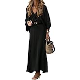 FIMARSTED Women's Bohemian V Neck Maxi Dress with Batwing Sleeves Button Front and Elastic Waist for Casual Wear Long Dress