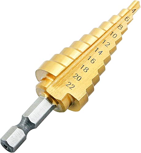 Step Cone Drill Bit Hole Cutter, SYCEES 4-22mm HSS Hex High Speed Steel Titanium Coated Step Drill Bit for Sheet Metal - Total 10 Step Sizes