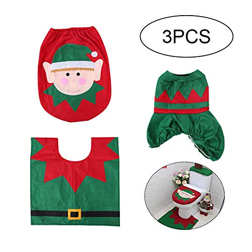 WINBOB 3PCS Christmas elf Toilet Seat Tank Cover and Rug Set Bathroom Christmas Decorations Supplies - Thumbnail 3