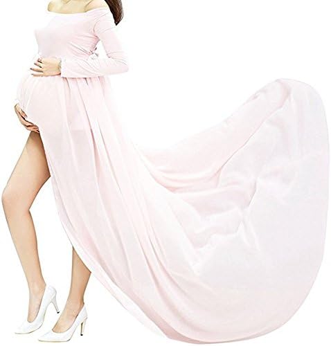 Maternity Long Dresses for Baby Shower Photography with Sleeves Maxi Plus Size (Pink)