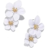 Flower Dangle Earrings Boho Layered Floral Petal Drop Earrings Statement Stud Earring for Women (White)
