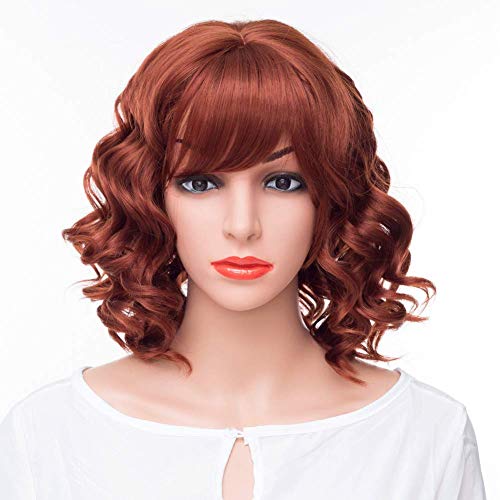Summer 2 Style Short Hair Wigs For Women, Upgrade Of Fox Red Curly Synthetic Hair Wigs With Bangs (Red Brown)