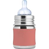 Pura Kiki 5oz/150ml Stainless Steel Anti-Colic Infant Bottle w/Silicone Natural Vent Nipple & Sleeve, 100% Plastic-Free, MadeSafe Certified, Medical-Grade Silicone - Rose Sleeve