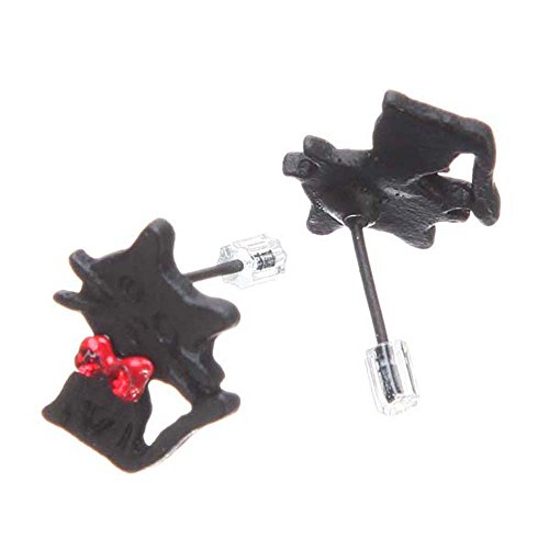 Black Cat Red Bow Stud Post Earrings