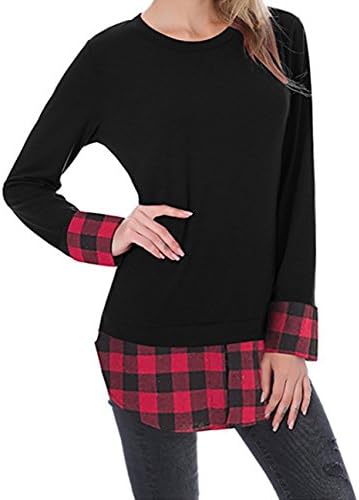 Jiu1ai Plaid Hem Long Sleeve Tunic Blouse Black Patchwork Pullovers For Women