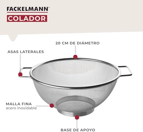 Coador e escorredor de cozinha fackelmann, aço inoxidável, peneira com borda redonda para coar e drenar líquidos, 20 centímetros, cor aço inoxidável, 20x9 cm, 1 unid.