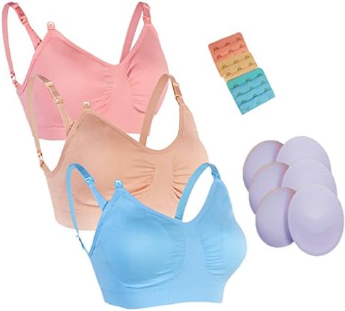Breastfeeding Bra Pregnancy Maternity Bralette 3 pairs Removable Smart Pad 3 Extenders 3PK HuaErZui