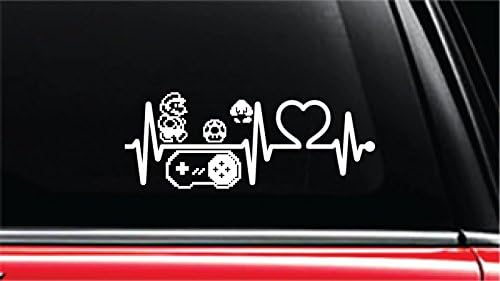 Super Mario Game I Heartbeat Lifeline Vinyl Die-Cut Decal Sticker for Car, Truck, Notebook, Laptop, Computer or Window (8", White)