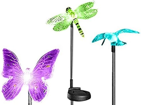 Solar Powered Hummingbird, Butterfly &amp; Dragonfly Garden Stake Light with Color Changing LEDs
