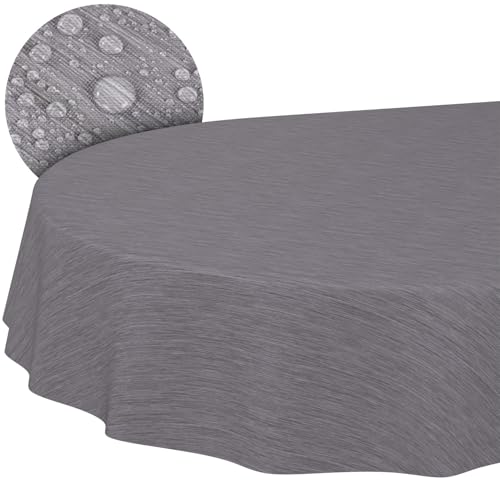Washable Oilcloth Tablecloth Garden Tablecloth Linen Look Easy Care Water-Repellent 160 x 140 cm (Oval) Grey Cut Edge