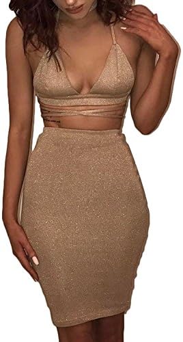 Bestdress Women's Glitter V Neck Halter Backless Sleeveless Bandage Bodycon Midi Dress Small Gold