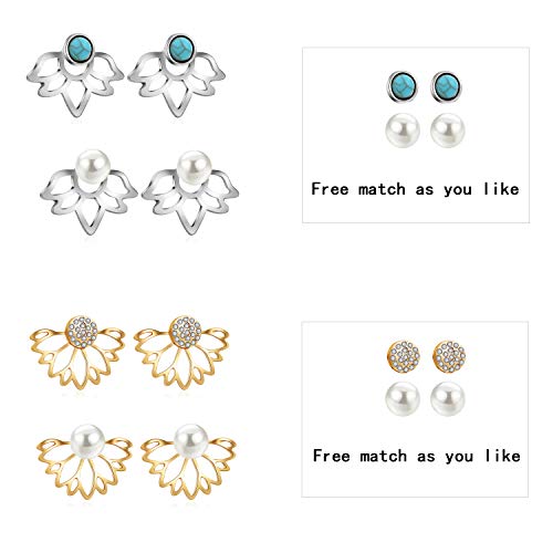 18 Pairs Multiple Dainty Lotus Flower Ear Jacket Earrings-Minimalism CZ Bar Turquoise Studs-White Rose Gold Plated Statement Chic Fashion Stud Earring Set New Year for Teens Girl Women - Thumbnail 2