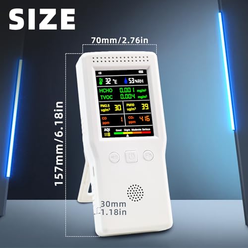 Air Quality Monitor Indoor/Outdoor, Portable Formaldehyde Detector Temperature Humidity Meter Sensor Tester with Stand, 9 in 1 Real-Time Air Particle Counter for PM2.5 PM10 AQI CO2 CO TVOC HCHO