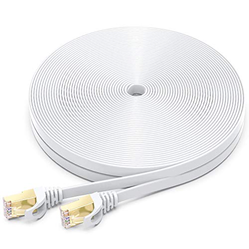 CAT-7 Ethernet Cable 15 Feet - High Speed Flat Internet Network Computer Patch Cord - Faster Than Cat6 Cat5e Lan Wire, Shielded RJ45 Connectors for Router, Modem, Xbox, Printer - White