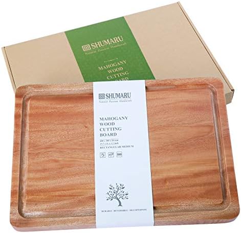 MAHOGANY Thick Wood Cutting Board with Juice Drip Groove 15.7x11x1.1" (Gift Box Included) | One-Piece Wooden Chopping & Carving Butcher Block Countertop | Cheese Board with HANDLE