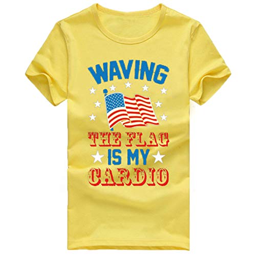Respctful ♫♫Women Spring Tops Casual Short Sleeve Round Neck American Stripe T-Shirt Casual USA Flag Cotton Blouse Yellow - Thumbnail 4