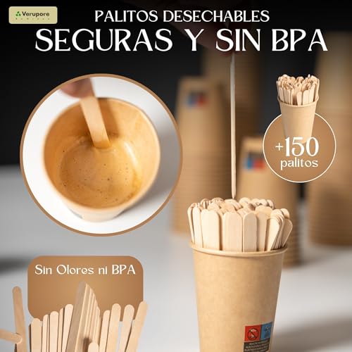 VERUPORE 210ml Disposable Coffee Cups with Wooden Sticks | Pack of 100 | BPA Free Heavy Duty Kraft Paper Cups, Suitable for Hot and Cold Drinks