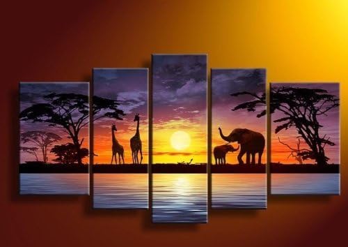 Unixtyle-100% Hand Painted Oil Painting on Canvas African Elephant Giraffee Sunset Wood Framed on the Back Africa Landscape Wall Art Painting Ready to Hang Modern Home Decoration Free Shipping 5 Pcs/set