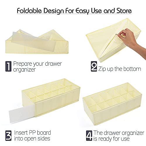 LotFancy Underwear Drawer Organizers, Set of 4, Washable Closet Sock Organizer Divider, Foldable Fabric Dresser Storage Box for Bra, Handkerchiefs, Ties, Undergarment, Belt, Panties, Yellowish Beige