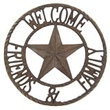 Aunt Chris Products - Heavy Round Large Cast Iron ~ Welcome Friends & Family Sign - Circle With A Star In The Middle - Old Country Western Design - Indoor or Outdoor Use - Bronze Rustic