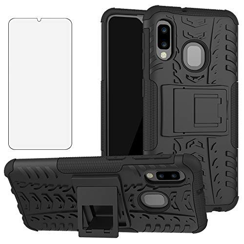 Phone Case for Samsung Galaxy A20e/SM-A202F/DS with Tempered Glass Screen Protector Cover and Stand Kickstand Hard Rugged Hybrid Accessories Heavy Duty Rubber 20e A20 e e20 e20e e20a Cases Girls Black