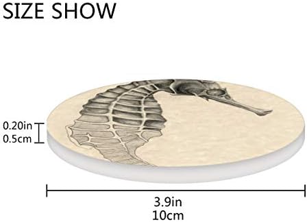 4 Pieces Absorbent Stone Coasters for Drink, Round Coasters Set with Vintage Seahorse Hand Drawn