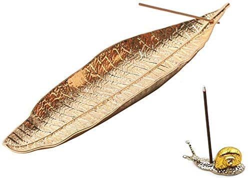 Incense Holder Set - Leaf and Snail Incense Burner,Incense Holders for Sticks Ash Catcher,Durable Zinc Alloy Materia,Modern Natural Design,Incense Ash Catcher Tray (Gold)