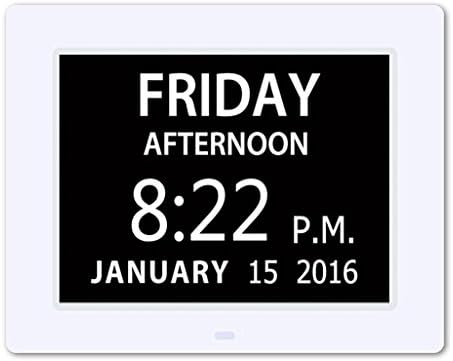 Wild Wayz Extra Large 8" Digital Calendar Memory Loss Alarm Day Clock, with Full Day & Month Non-Abbreviated Calendar (White)
