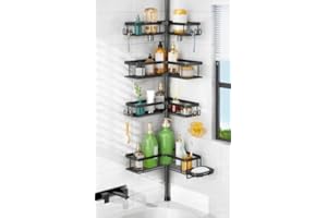 HAMITOR Shower Caddy Tension Pole: 4-Tier Corner Rustproof Bathroom Organizer with Soap Holder & Hooks - No-Drill Adjustable Shower Shelf for Renters - Family Stand Storage Rack - 47-123 Inch Black