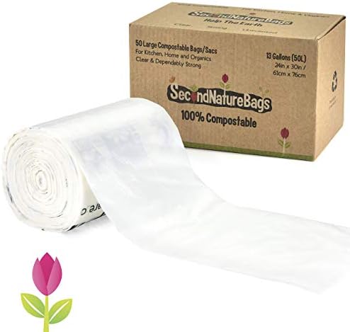 Second Nature Bags, Premium Certified 100%, Extra Thick, Large Kitchen Food Scraps & Home Trash Bags (13G 50 Count)