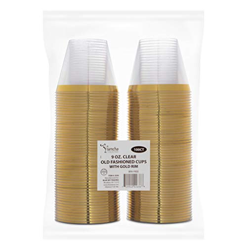 Plastic-Rim-Cups-9-oz-Gold-Old-Fash-Cups-100-Pcs