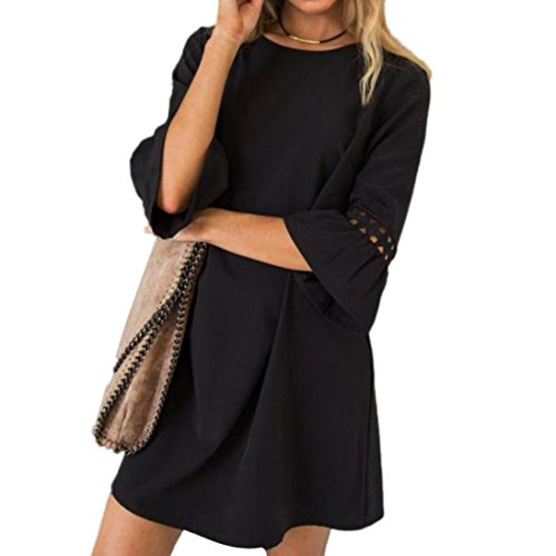 Lightning Deals Loose Dress,ZYooh Women Fashion Hollow Out Ruffled Sleeve Evening Party Mini Dress (Black, XL)