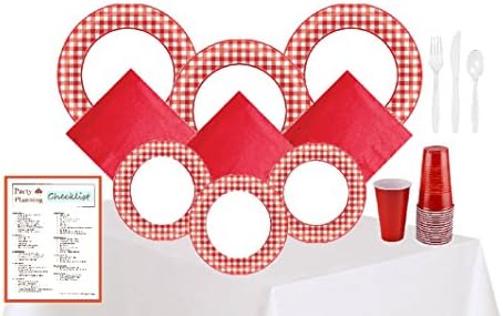 Red Gingham Party Supplies - 40 Guests - Red &amp; White Picnic Pack - Disposable Dinner &amp; Dessert Paper Plates, Napkins, Plastic Cups, Cutlery &amp; Tablecloths Plus Exclusive Party Planning Checklist