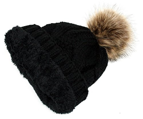 ANGELA & WILLIAM Women's Thick Cable Knit Beanie Hat With Soft Fur Pom Pom, Black, One Size